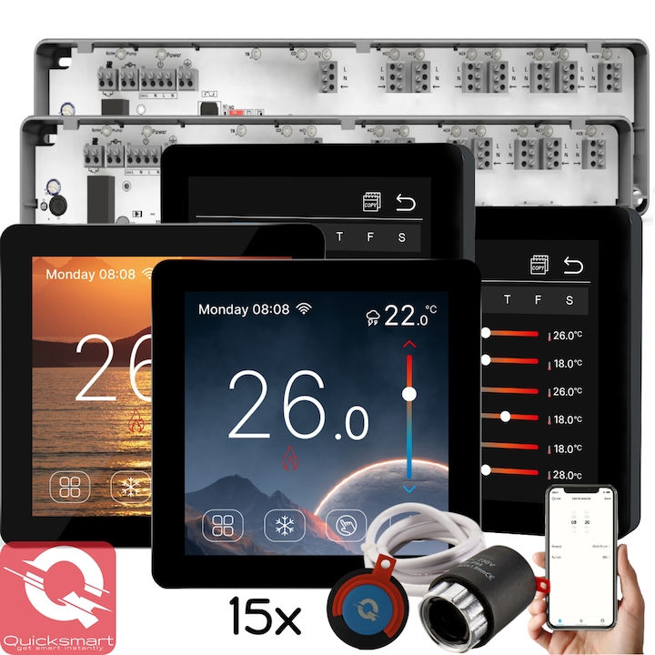 Kit automatizare incalzire in pardoseala Quicksmart Q10, 2x controller 8 zone, 4x termostat Q50 in doza, 15x actuator NC, programabil, ecran color cu touchscreen, control prin telefon, Negru