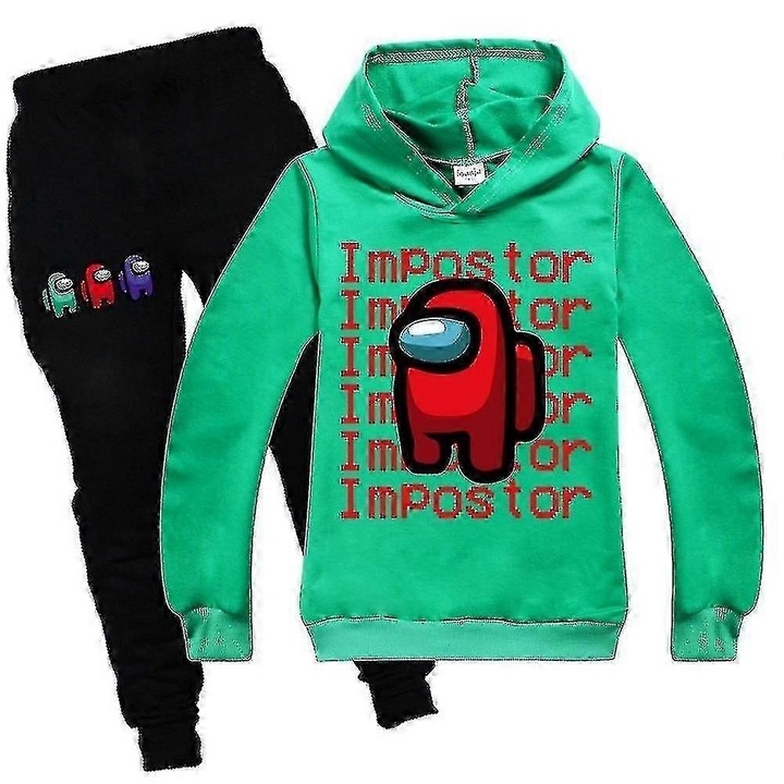 Set Copii Among Us, hanorac cu gluga pantaloni, bumbac, Verde