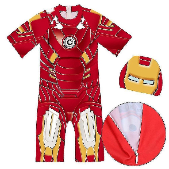 Детски бански костюм, Iron Man, от една част, с шапка за плуване, многоцветен, полиестер