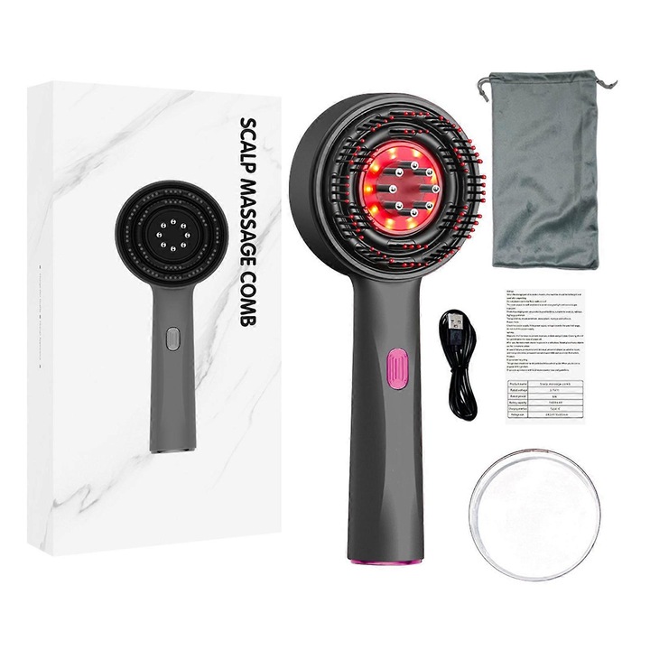 Масажна четка за скалп с червена светлина, 21x8.5x5.7см, със серум от 6мл, черно-сив, пълен комплект