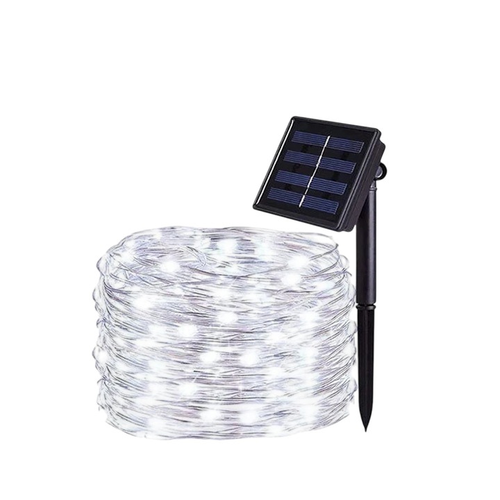 Kültéri napelemes fényfüzér, 32m 300 fehér LED fény, 8-12 óra autonómia, 8 üzemmód kertbe, teraszra, udvarra, partikra, karácsonyra, esküvőre, IP65 vízálló fa dekoráció, tartós rézhuzalos fényfüzér újratölthető napelemes akkumulátorral