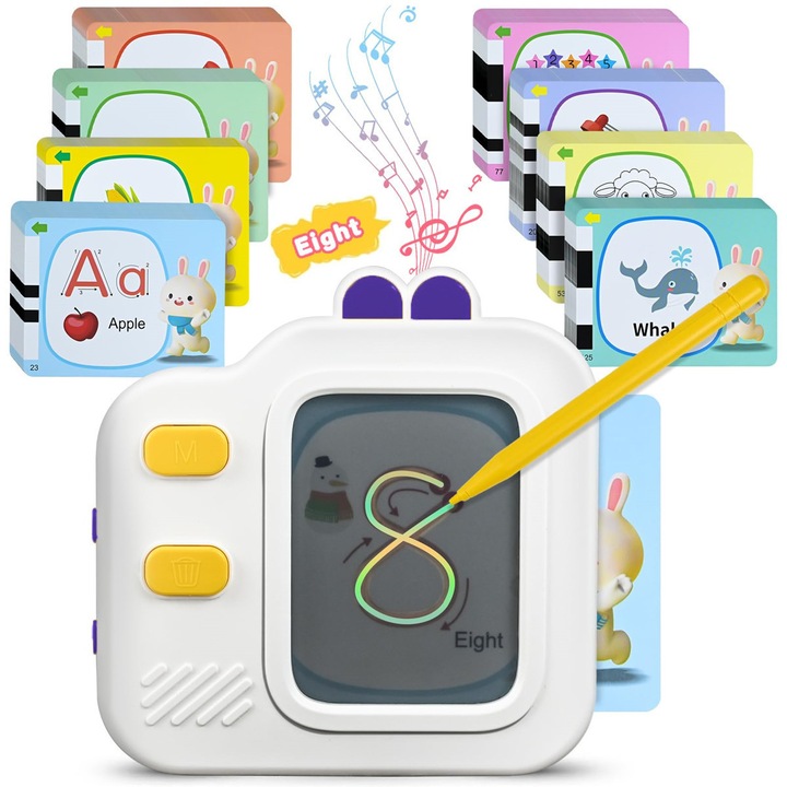 Комплект LCD таблет 2 в 1 за деца, с четец на карти и писалка, MorFansi®, 120 броя карти 240 съдържание, за писане, рисуване и учене, STEM, 3 години+, бял