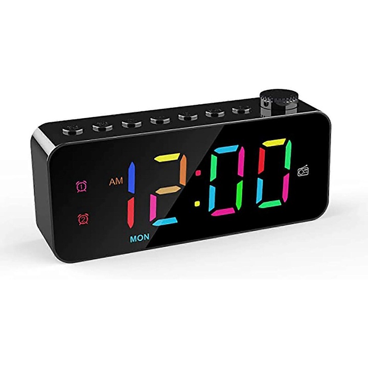 Ceas cu alarma digital, radio FM, 2 alarme, culori RGB, alb, 15.5x4x9cm