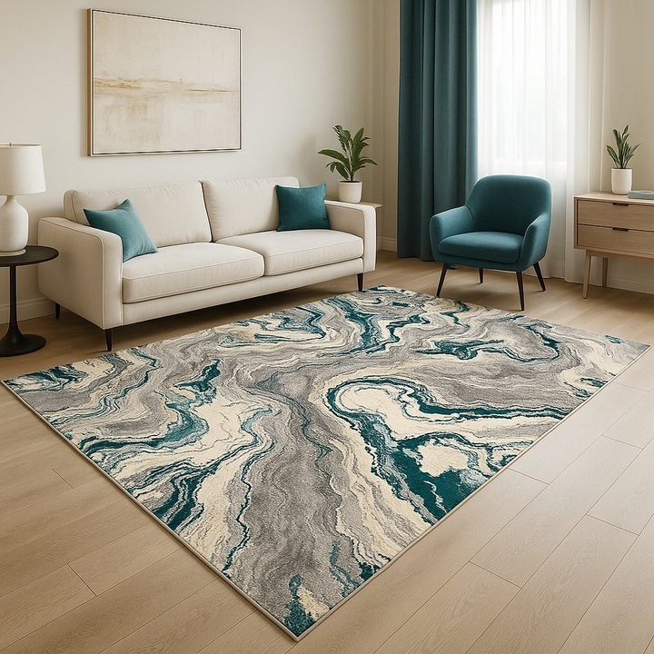 Килим LIVARIO, 150 x 230 см Buse Galaxy Тюркоаз, Oeko сертификат, Плътност 2.1 кг/м2, Дебелина 10 мм, Брой възли на м2 29000, Коридор, Хол, Спалня