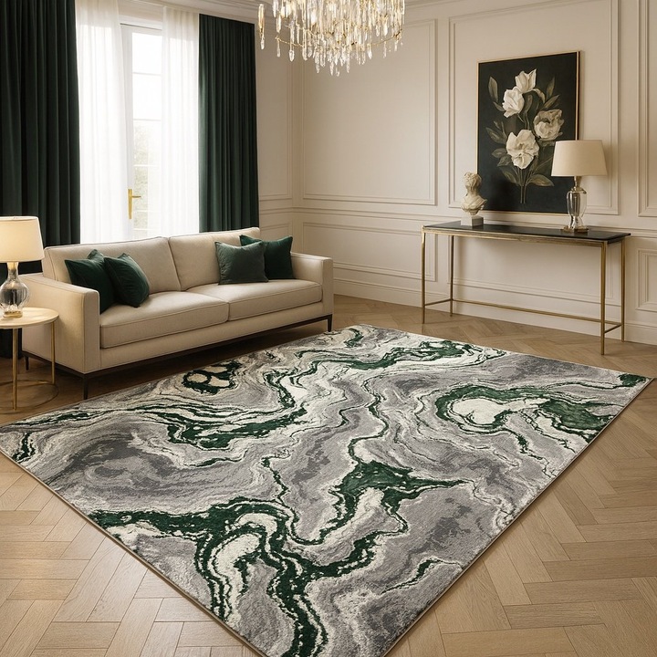 Килим LIVARIO 200 x 300 см Buse Galaxy Изумрудено зелено, Сертификат Oeko, Плътност 2.1 кг/м2, Дебелина 10 мм, Брой възли на м2 29000, Антре, Всекидневна, Спалня