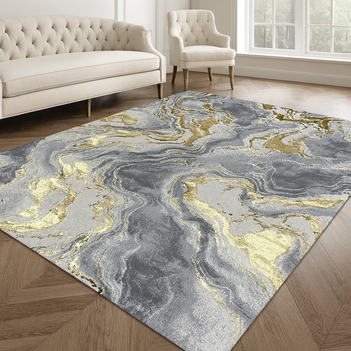 Covor LIVARIO 80 x 150 cm Buse Galaxy Galben Gold, Certificat Oeko, Densitate 2.1KG/m2, Grosime 10 mm, Numar noduri pe m2 29000, Hol, Living, Dormitor