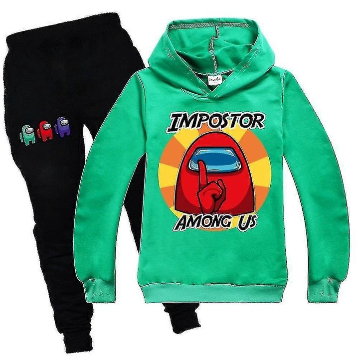 Trening copii Among Us, hanorac cu gluga, pantaloni, bumbac, Verde