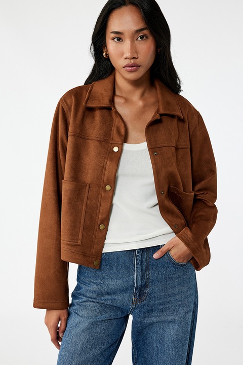 KOTON, Jacheta de piele intoarsa sintetica cu buzunare frontale, Maro scortisoara