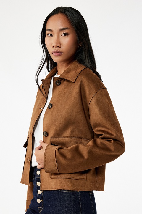 KOTON, Jacheta de piele intoarsa sintetica cu buzunare frontale cu clapa, Caramel