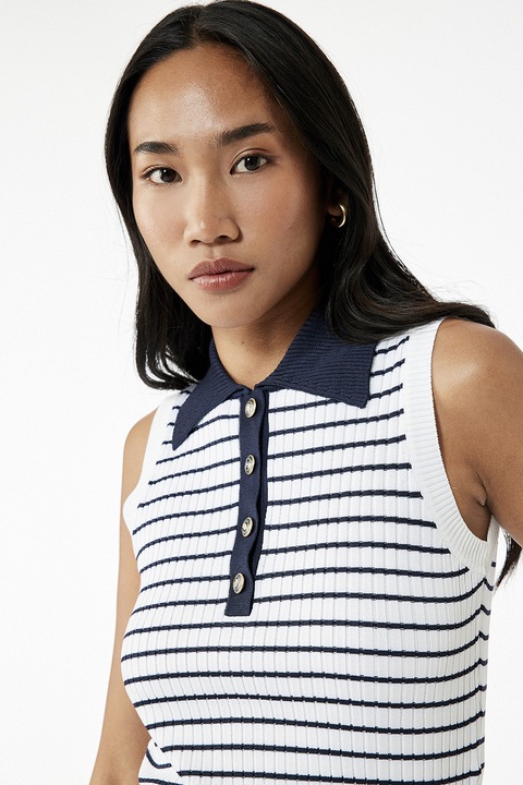 KOTON, Bluza polo fara maneci cu dungi, Alb/Bleumarin, L