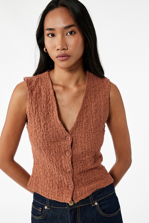 KOTON, Vesta texturata cu decolteu in V, Maro scortisoara, M