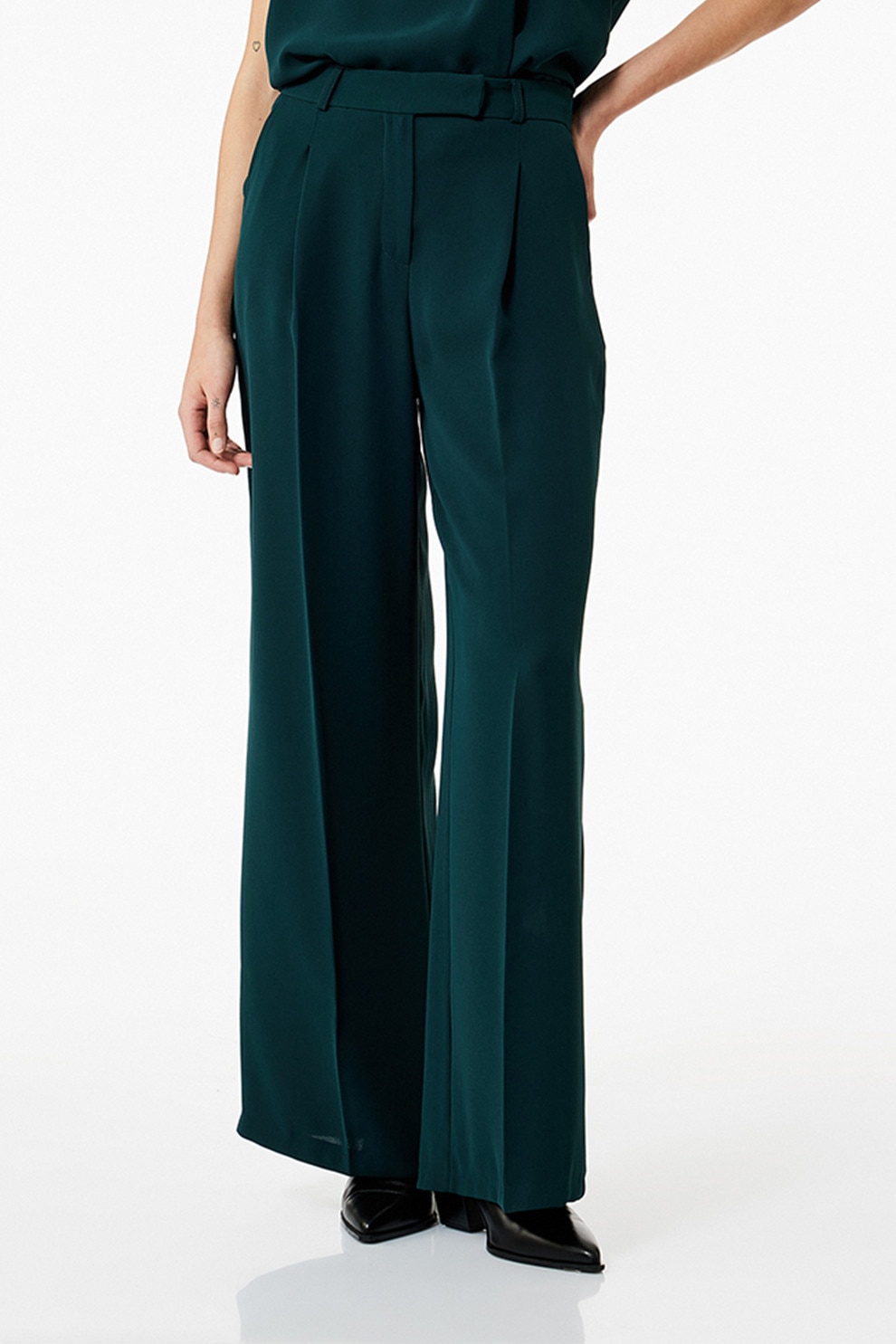 KOTON, Pantaloni ampli cu pliuri si talie inalta, Verde englez, 40