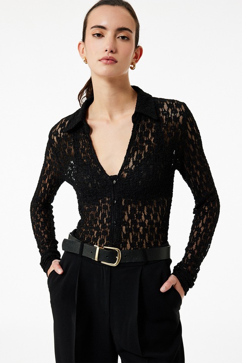 KOTON, Camasa slim fit semitransparenta, Negru/Transparent