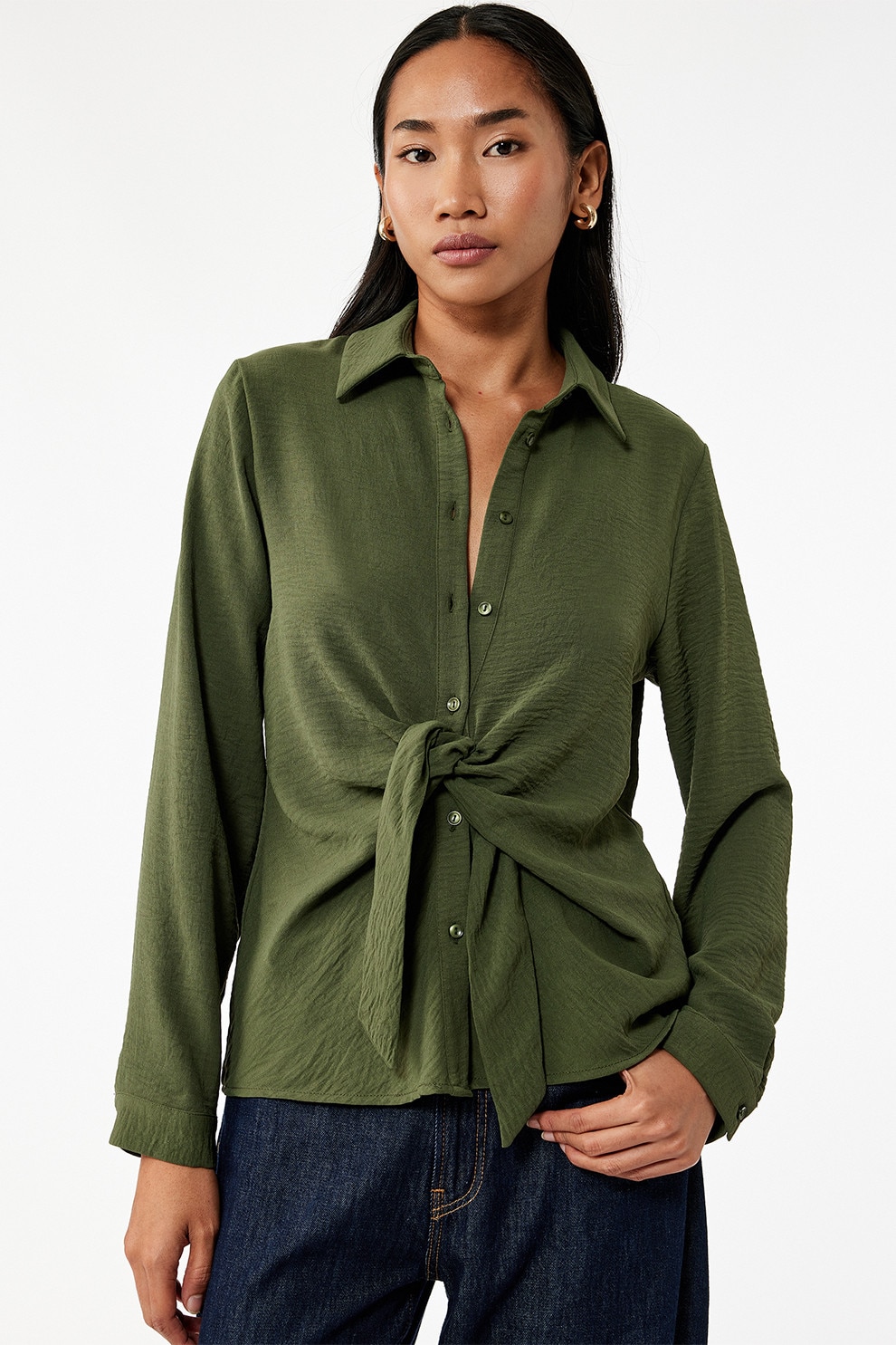 KOTON, Camasa lejera cu nod frontal, Verde inchis, 40
