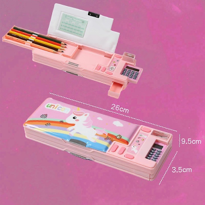 Комплект моливници, дизайн еднорог, розов, многофункционален, с калкулатор и острилка, за деца и юноши
