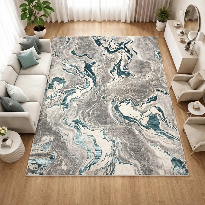 Covor 200 x 300 cm LIVARIO Buse Galaxy Turcoaz, Certificat Oeko, Densitate 2.1KG/m2, Grosime 10 mm, Numar noduri pe m2 29000, Hol, Living, Dormitor