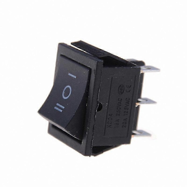 KCD4 billenőkapcsoló, 6 érintkezős, ON-OFF-ON, 16A/250V AC, 20A/125V AC, fekete, 31x25x35mm