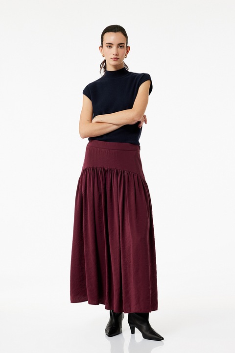 KOTON, Fusta evazata midi din amestec de modal, Rosu inchis
