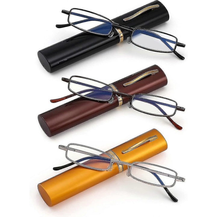 Set 3 Ochelari de Citit Compacti cu Filtru de Lumina Albastra, Rame Metalice, Multicolor