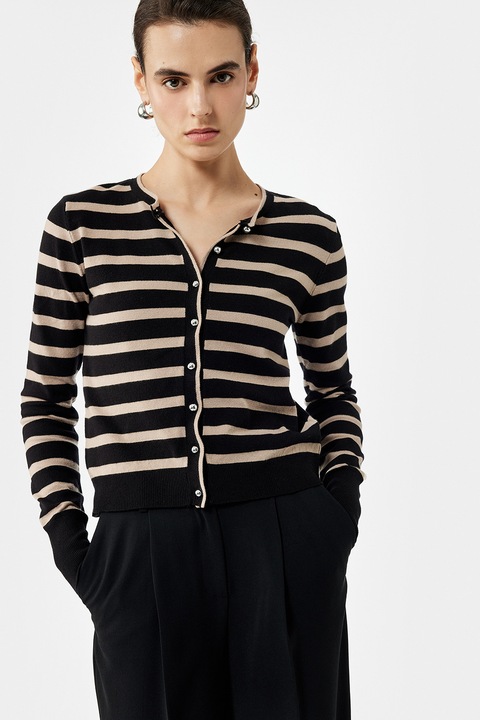 KOTON, Cardigan tricotat fin cu model in dungi, Negru/Maro nisip