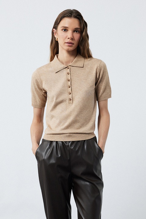 KOTON, Tricou polo slim-fit cu model uni, Portocaliu pal