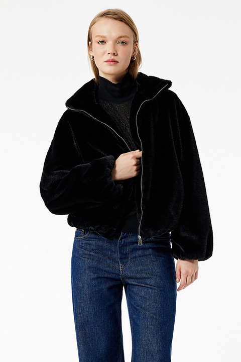 KOTON, Jacheta din blana sintetica cu buzunare laterale, Negru