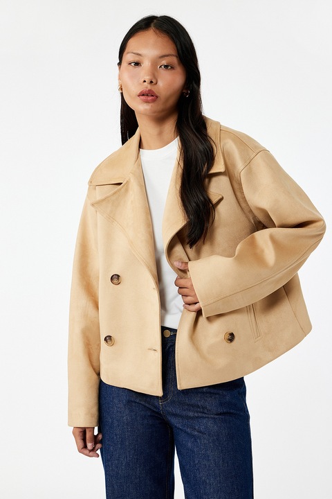 KOTON, Jacheta cu design cu doua randuri de nasturi, Maro nisip