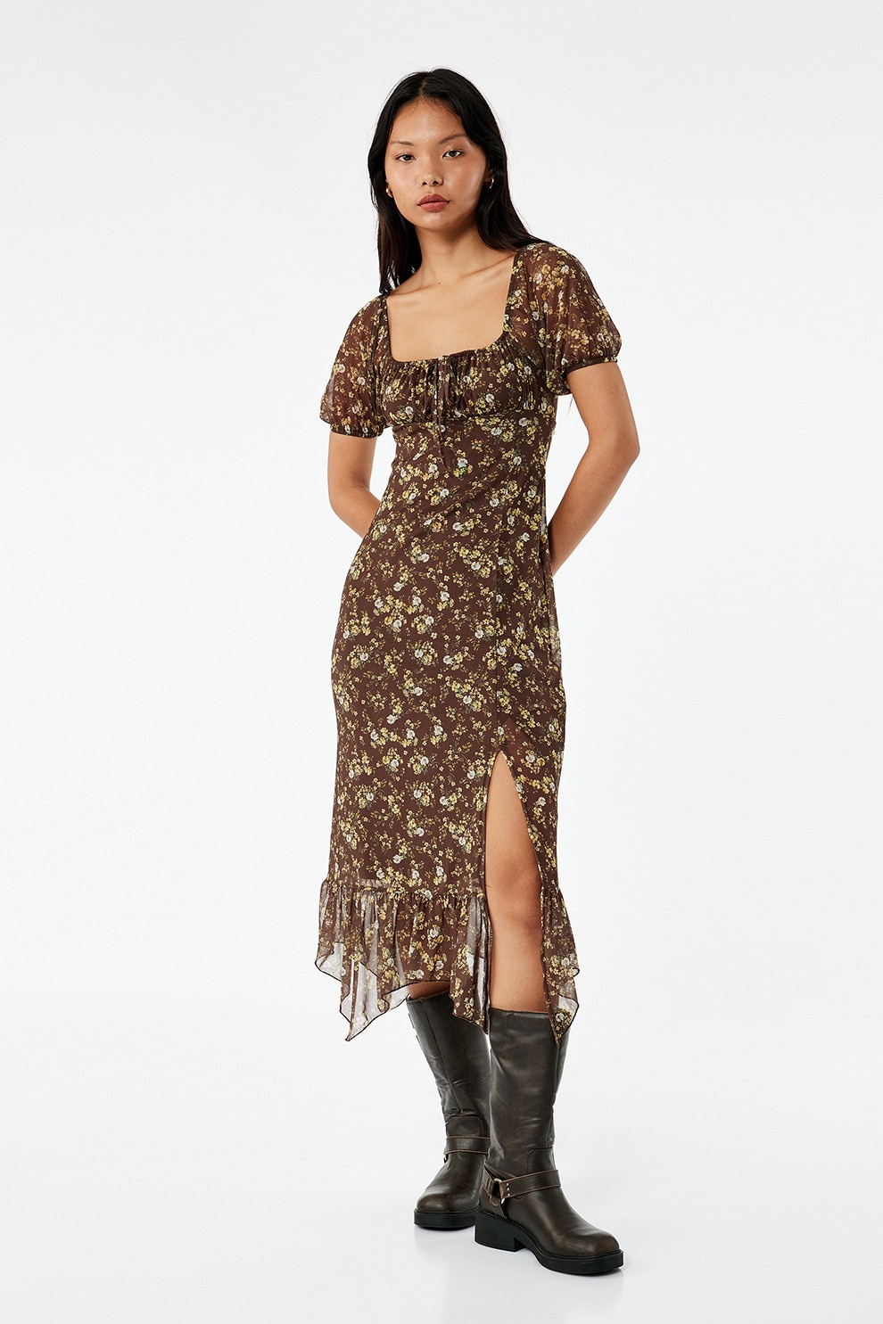 KOTON, Rochie cu slit lateral si model floral, Maro, Verde masliniu, M