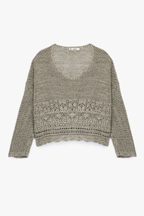 KOTON, Pulover tricotat cu perforatii si decolteu in V, Kaki