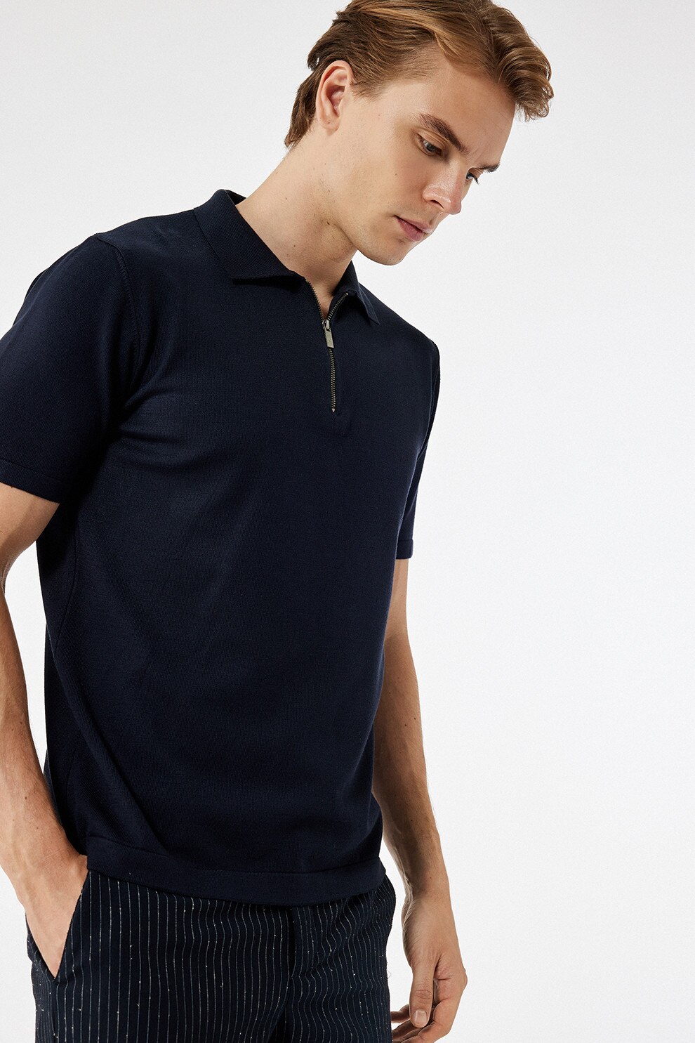 KOTON, Tricou polo cu fermoar scurt, Bleumarin, S