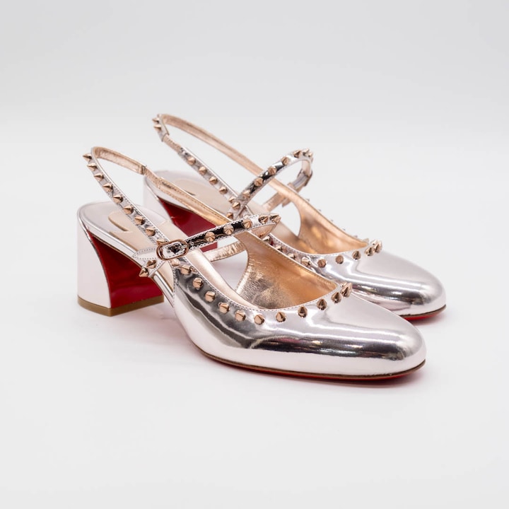 Обувки Christian Louboutin Janispikes, метализирана розова естествена кожа, дебел ток 55мм, детайли с шипове, размер 38.5 EU