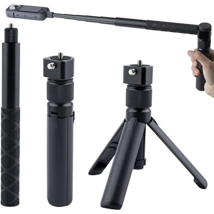 Maner rotativ Bullet Time la 360° si stick selfie invizibil pentru trepied pentru Insta360 X5/X4, DJI OSMO Pocket 3, GoPro｜filet de 1/4", incarcare de 3 kg, trepied compact de masa (120 cm extins)