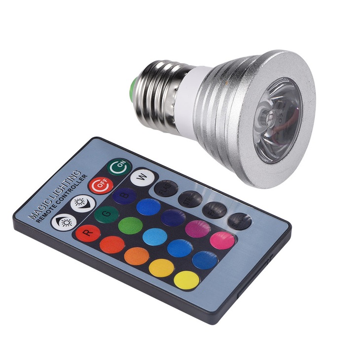 LED RGB крушка 3W с дистанционно, E27, димируема, 6.2x4.9см, многоцветна