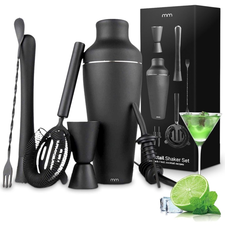 Set barman 8 piese, Mikamax, negru mat, din otel inoxidabil