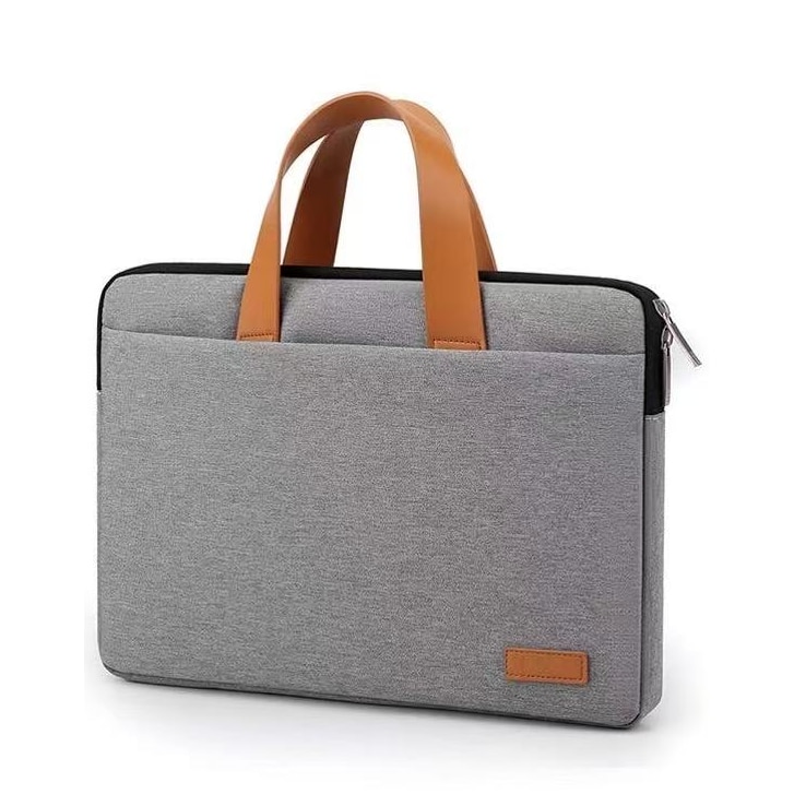 Geanta laptop 15 inch, Oxford, gri, capacitate mare, curea maner maro