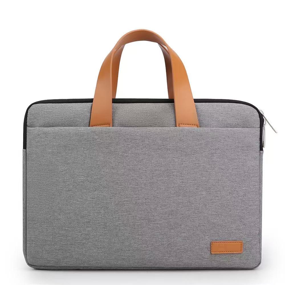 Geanta laptop 15 inch, Oxford, gri, capacitate mare, curea maner maro