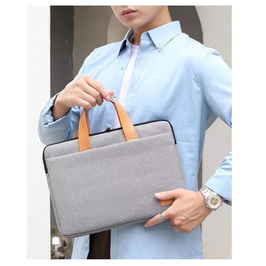 Geanta laptop 15 inch, Oxford, gri, capacitate mare, curea maner maro