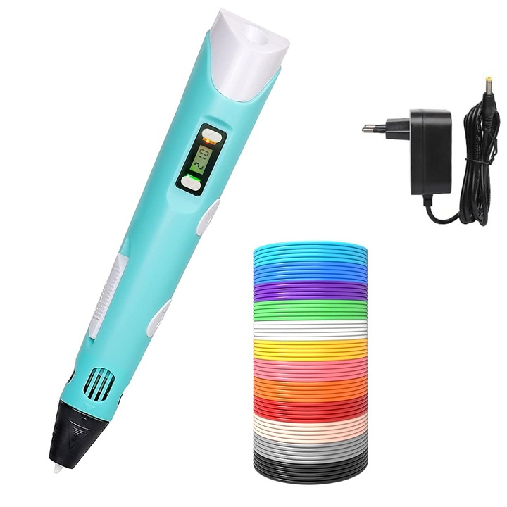 3D nyomtató toll, DreamPen, PLA/ABS, Digitális kijelző, 1.75mm, 12V, Kék, 120 méter PLA