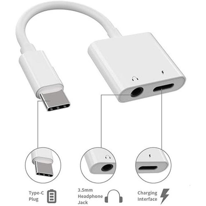 Adaptor pentru casti, Mingzhi®，Cell phone adapters， 2 in 1 USB C la 3,5 mm Aux Audio Dongle + Splitter de incarcare Accesorii pentru casti compatibile