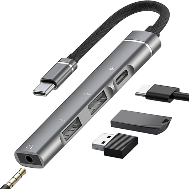 Adaptor USB C 4 în 1 Mingzhi, Aluminiu, Jack 3.5 mm, USB-A, 15W PD