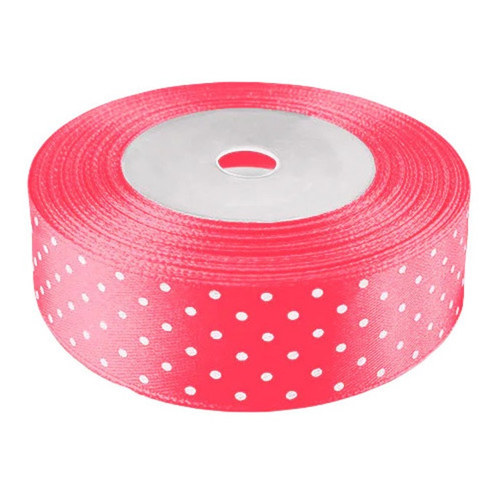 Ribanda satinata roz cu buline albe 25mm, 22m, set ambalaje cadouri