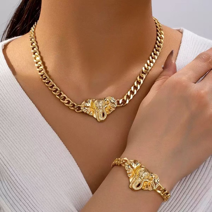 Set de bijuterii pentru femei, colier si bratara 2 piese, aliaj de zinc, bratara cu colier de elefant, aur