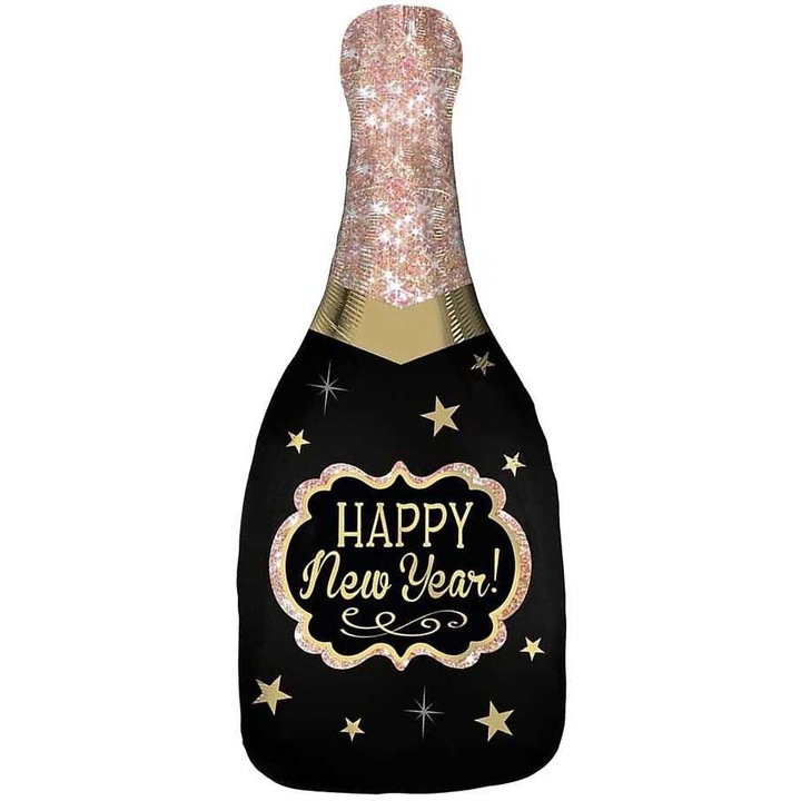 Balon foliowy butelca sampanie, Jix, Happy New Year, negru cu detalii roz aurii, 45x86 cm