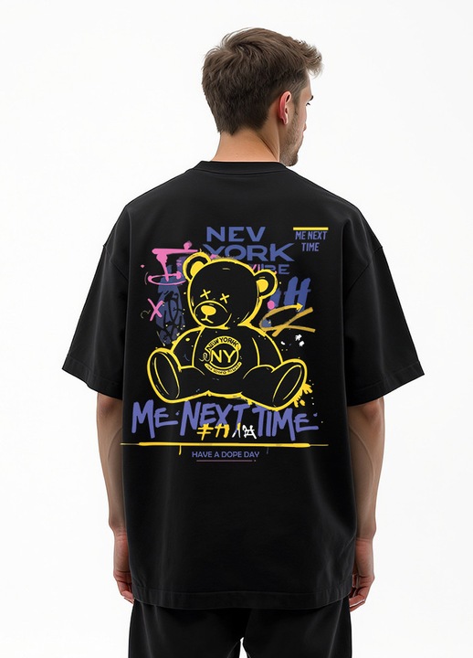 Tricou barbati Loose Fit „New York Me Next Time” – grafica urs streetwear, bumbac 100, Negru