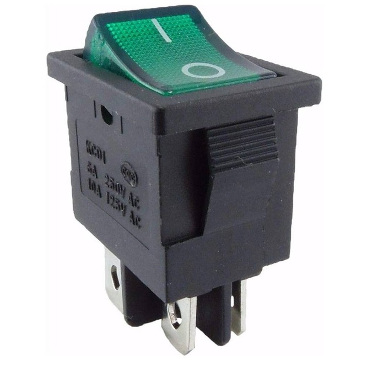 Comutator T120-1, 4 pini, 2 poziții, iluminat, verde, 250VAC, 3A, 19x13mm, SPST