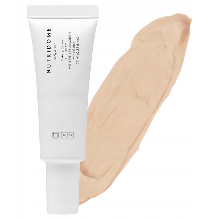 Crema CC Cu SPF 48, Nutridome, 02 Light Beige, Cu Colagen, Niacinamida si Uleiuri Naturale, Acopera Imperfectiunile si Roseata, Protectie UV Ridicata, Finisaj Mat, 25 ml