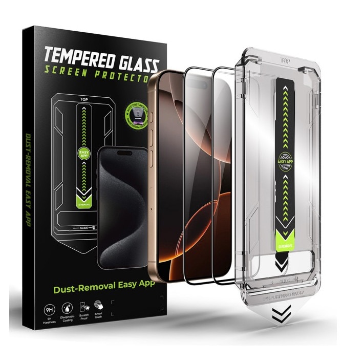Pachet 2 x Folie Sticla Upzz® Titan Pentru iPhone 17 Pro, Aplicator Inclus, Montaj Rapid, Transparenta Cu Rama Neagra