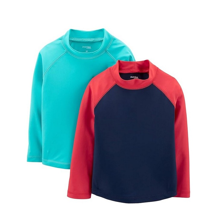 Set 2 bluze Rash Guard cu maneca lunga pentru plaja bebelusi, 3-6 m, verde, albastru, Simple Joys