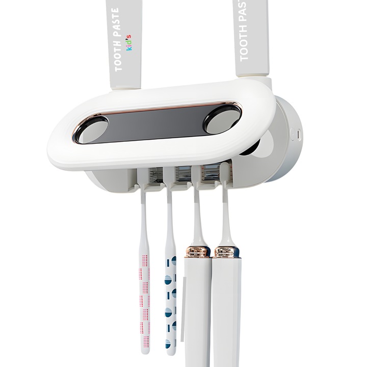 Suport Inteligent cu Sterilizare UVC Smart pentru Periute de Dinti, SELERIS®, Suporta 2 Paste si 4 Periute de Dinti, Periute Normale sau Electrice, Reincarcabil Prin USB, Montare Simpla, Ideal Familie 4 Persoane, Afisaj Timp Sterilizare, Alb