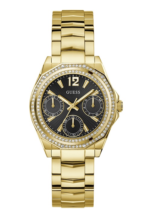 GUESS, Többfunkciós karóra kristályos kerettel, Aranyszín